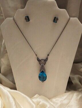 EXTRAORDINARY Art Deco Sterling Silver BlueTopaz&Marcasite Jewelry Set